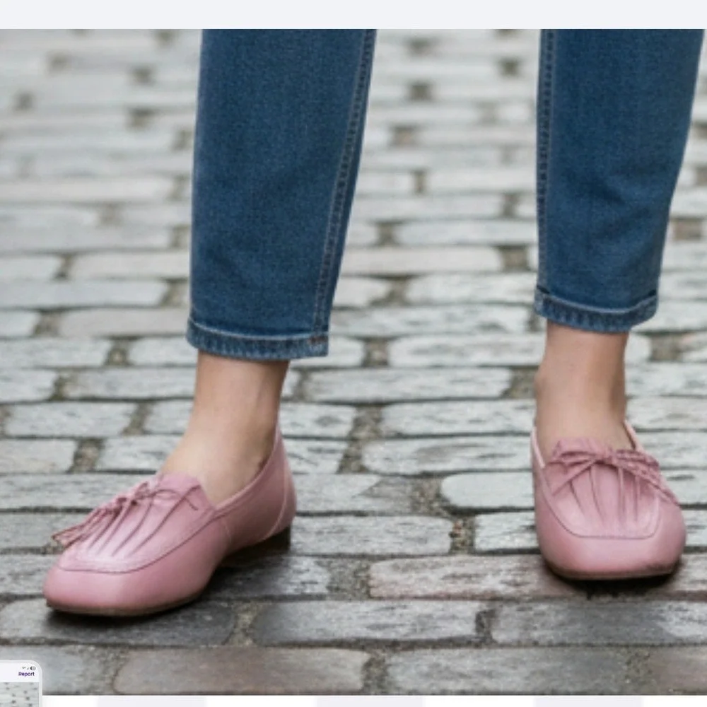 Enzo Angiolini Pink Leather Loafer Shoe Flat Size 10W Pleated Bow Square Toe 981